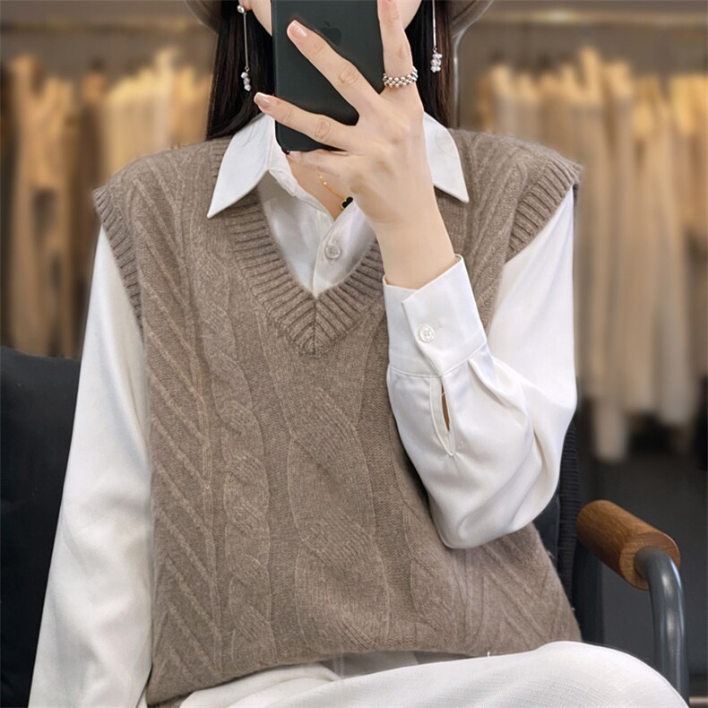 2025年夏季宽松型常规套头单件圆领无袖背心马甲时尚百搭,女装羊毛衫,春贝羊绒
