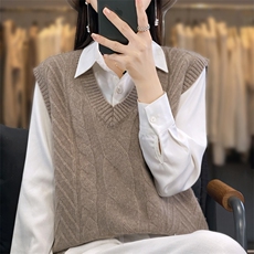 2025年夏季宽松型常规套头单件圆领无袖背心马甲时尚百搭，女装羊毛衫，春贝羊绒