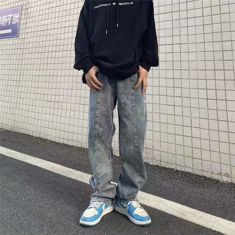 排扣牛仔裤潮牌男装做旧高街直筒宽松夏季薄款hiphop美式破洞裤子图片