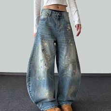 【有货】DN6032-特P50泼墨设计弯刀牛仔裤男女宽松直筒美式阔腿裤，男装牛仔裤，星座603-2