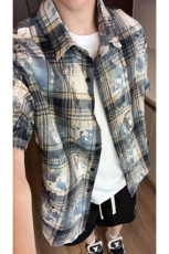 美式扎染格子衬衫短袖男女同款夏季衬衣半袖外套DC2240-特价P25，男装T恤，电商A007