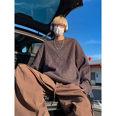 彩色星星提花破洞圆领卫衣男女设计感美式长袖t恤W4682-特价P50，男装卫衣，电商A007