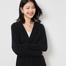 时尚百搭纯毛连帽长开衫显瘦修身黑色羊毛衫外套，女装羊毛衫，梵泰羊绒