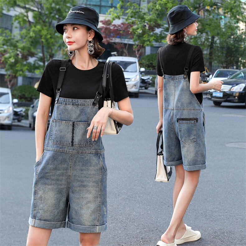 时尚宽松牛仔背带短裤女夏季新款高腰显瘦百搭休闲学生连体裤，女装连体裤，秋水欣儿