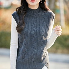 2025春季新款半高领羊毛衫马夹女士宽松显瘦扭花马甲背心坎肩，女装马甲，哲奥羊绒