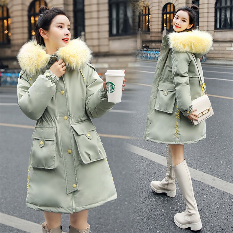 2021棉衣中长款修身加厚通勤拉链连帽纯色气质大毛领时尚潮棉衣，女装棉衣/棉服，艾仟回(原伊仟回)