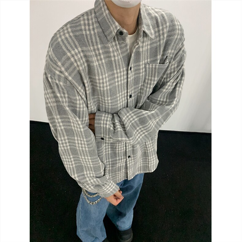 现货~磨毛格子大码长袖衬衫C5891/特P25灰色,男装衬衫,电商A094