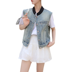 新中式牛仔马甲外套女款夏季2024新款小个子春秋外搭无袖背心上衣，女装马甲，美拉德工厂直营店