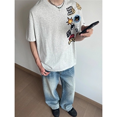 美式趣味logo刺绣短袖T恤男女夏季宽松重磅情侣上衣WLT6054-p40，男装T恤，星座1008