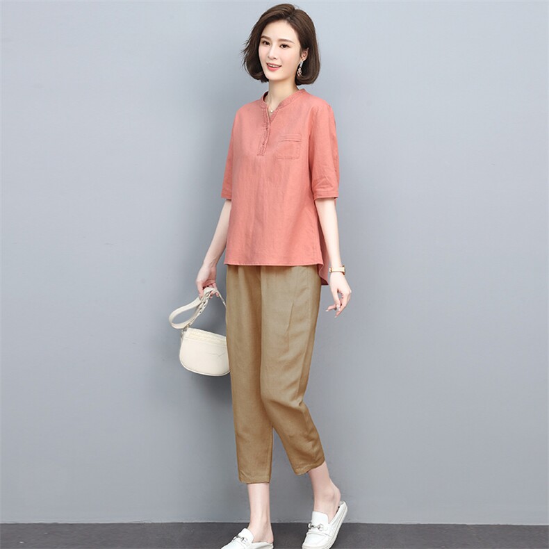 （新款）2024年夏时尚两件套装女亚麻棉刺绣上衣小脚裤,女装休闲裤,忆绮罗