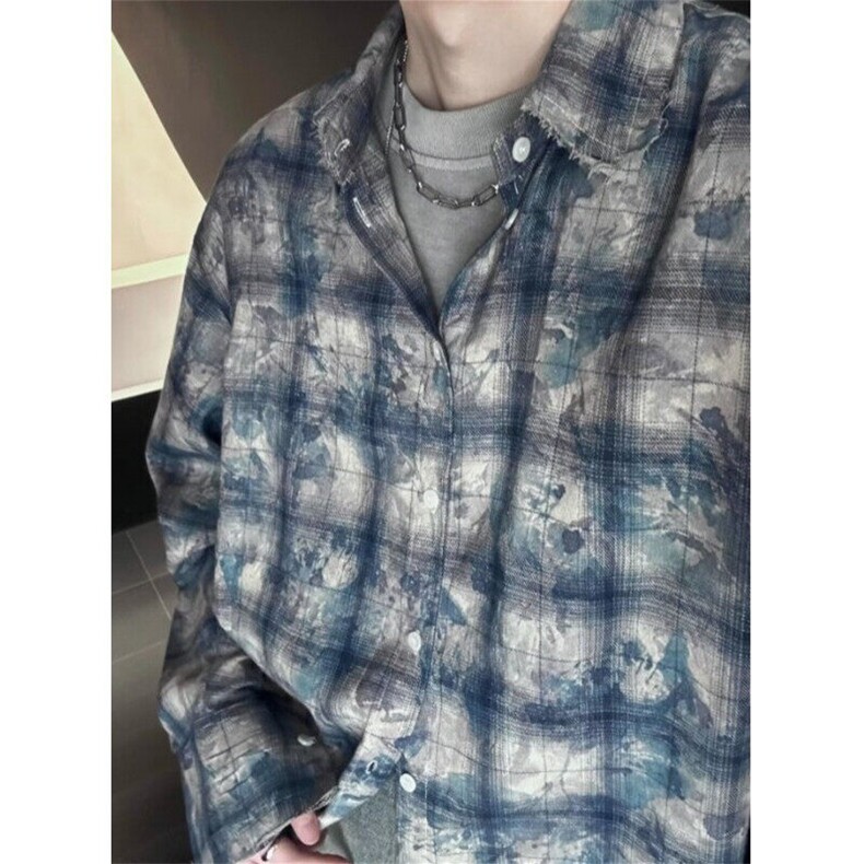 复古高级感扎染格子长袖衬衫男痞帅慵懒风春秋衬衣外套C544,男装衬衫,星座1116A（原606A-3）