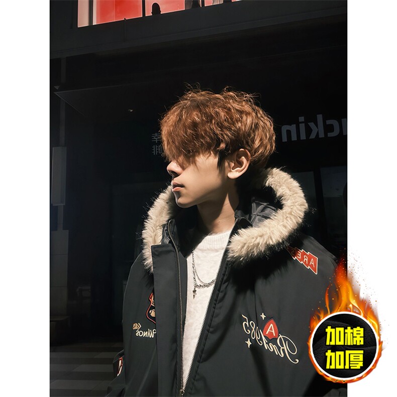 现货高品质美式高街重磅刺绣座山雕大毛毛领棉衣男女加厚棉服外套，男装棉衣，电商A486