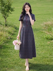 田园风斜领碎花刺绣连衣裙女春夏收腰显瘦中长裙，女装连衣裙，水衣源