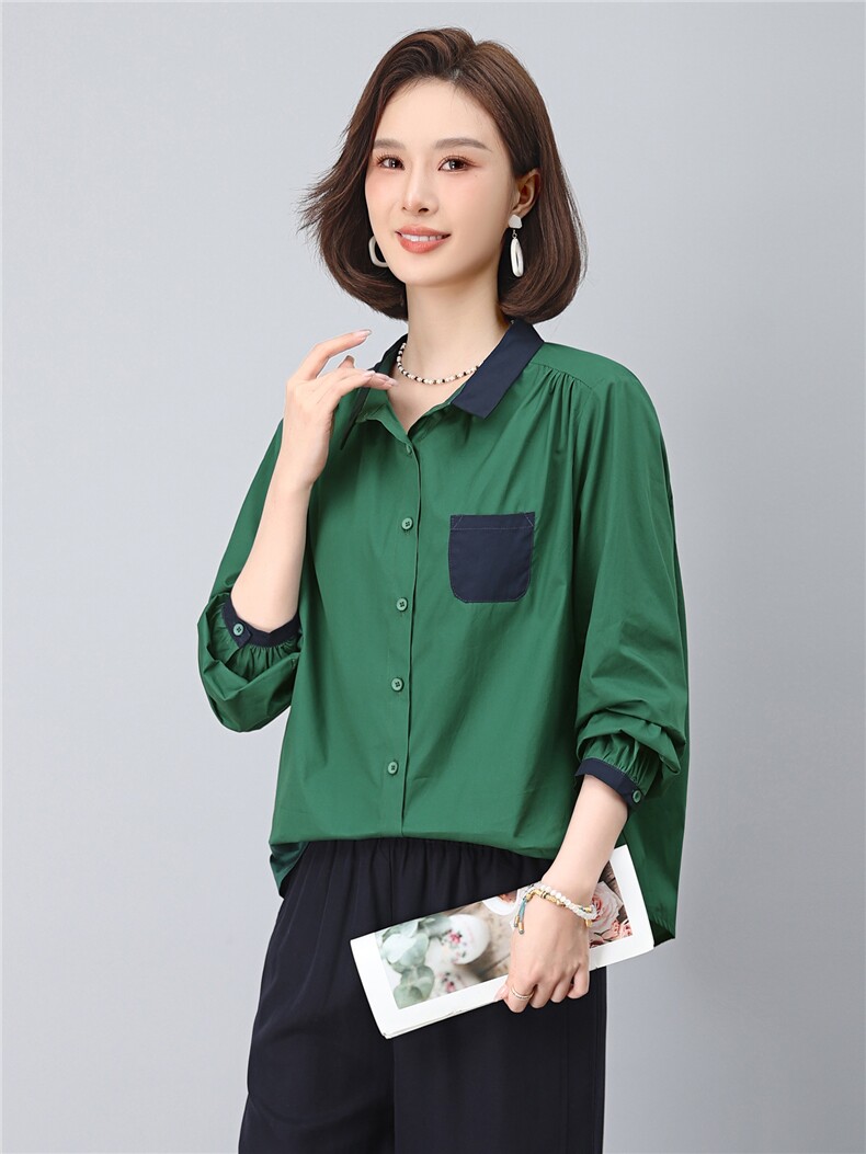 2025年秋季时尚撞色翻领纯棉100%休闲文艺衬衣,女装衬衫,依恋蒂丝
