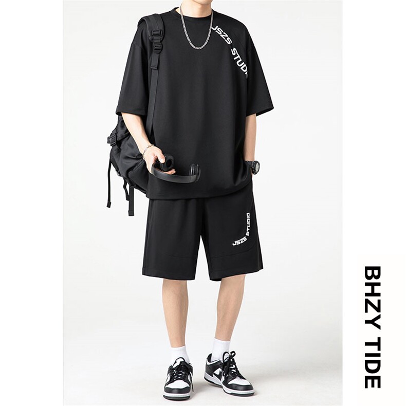 抖音品质2023夏季港风日系宽松大码休闲运动套装XZ80030-P70，男装休闲套装，电商A042