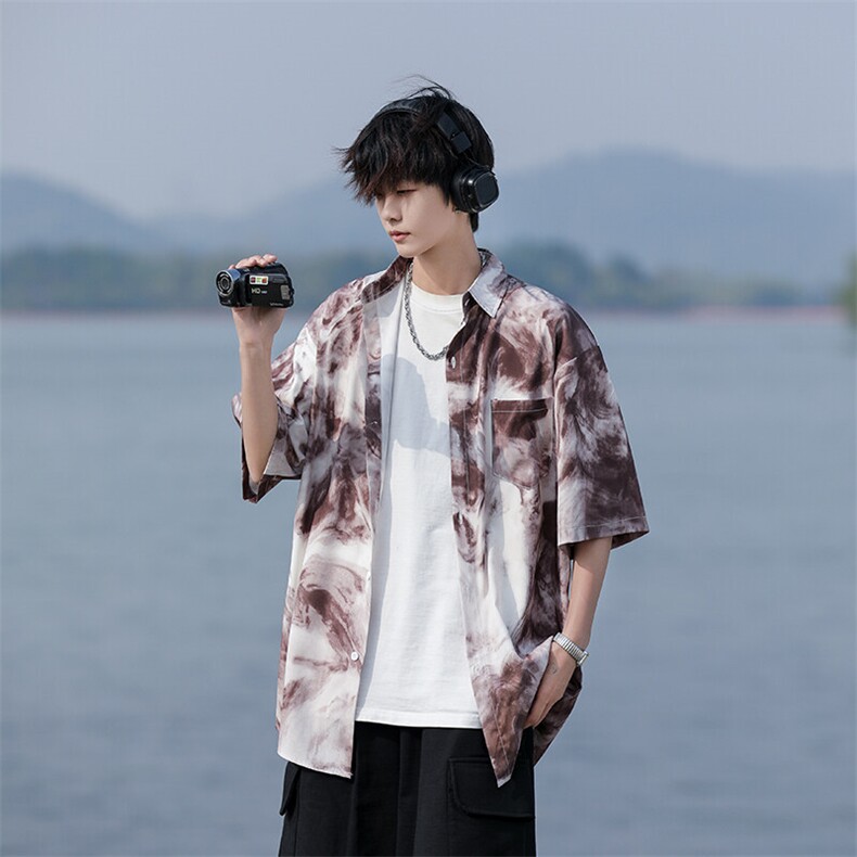 wassuphappy扎染短袖衬衫男夏季薄款潮牌大码衬衣服宽松休闲外套,男装T恤,星座109
