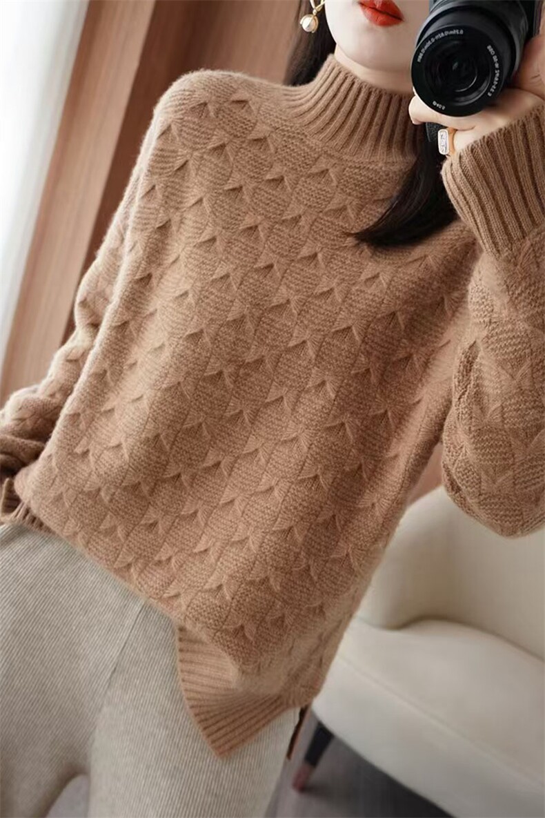 重磅加厚提花半高领毛衣女2025秋冬新款长袖保暖针织打底毛衫上衣,针织衫/毛衣,萱芳婷羊绒