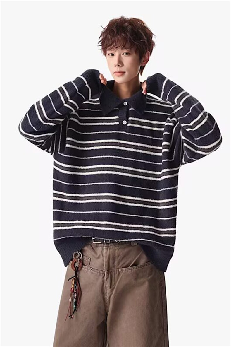 现货复古条纹撞色polo领毛衣男冬季休闲宽松情侣针织衫-A2367P55,男装针织衫/毛衣,电商B241