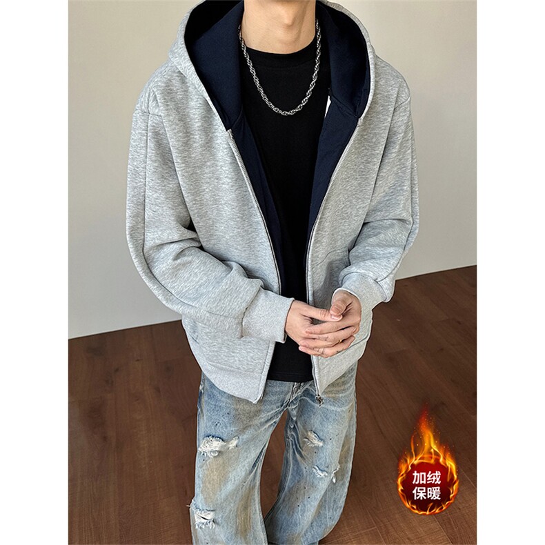 加绒加厚卫衣开衫内里撞色保暖宽松外套男女D51208-TP85159,男装棉衣,电商A102