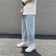 现货2021港风春夏款情侣款男牛仔裤束脚九分女牛仔休闲裤B，男装牛仔裤，星座1008