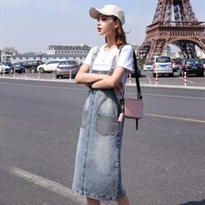 简约个性拼色中长款牛仔连衣裙2021年夏季时尚潮流舒适，女装连衣裙，秋水欣儿