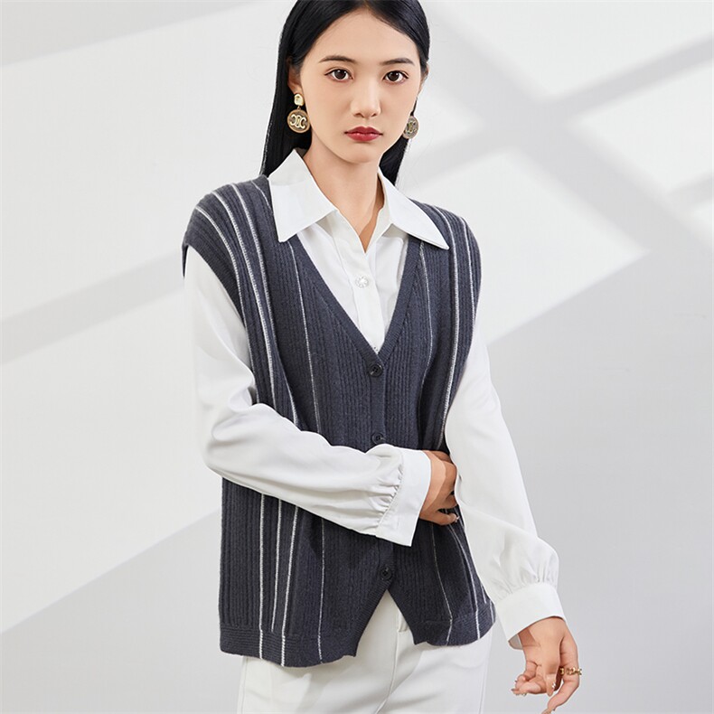 时尚百搭V领条纹羊绒马甲优雅气质休闲风女装背心,女装羊绒衫,美够羊绒