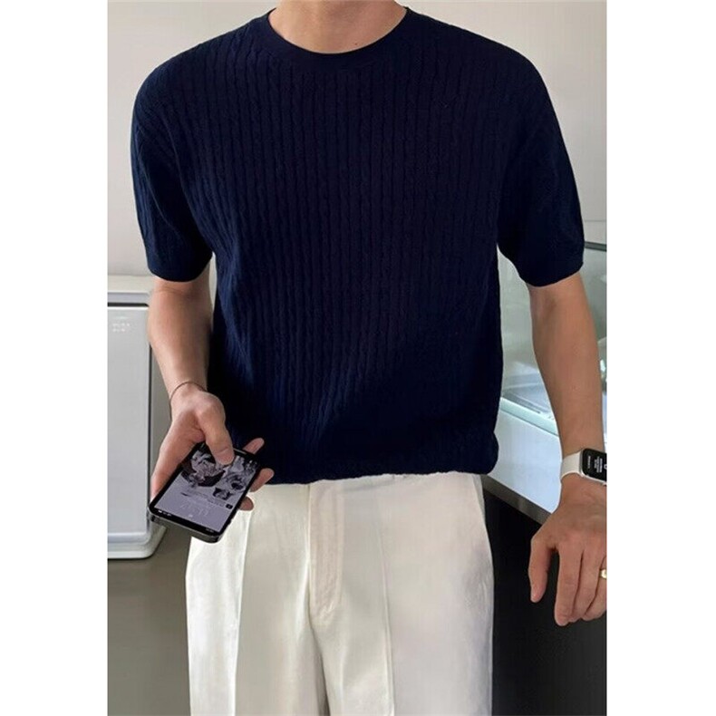 夏季麻花蓝色圆领短袖纯色上衣薄针织衫短袖T恤男装潮TB251,男装T恤,星座1116A-2（原606A-1）
