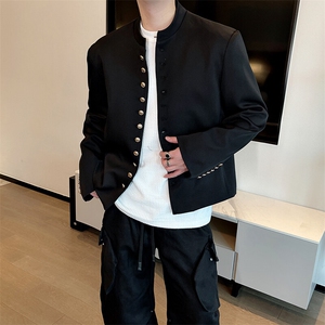 春装红时尚小香风中式立领西服外套男高级金扣夹克0088P115