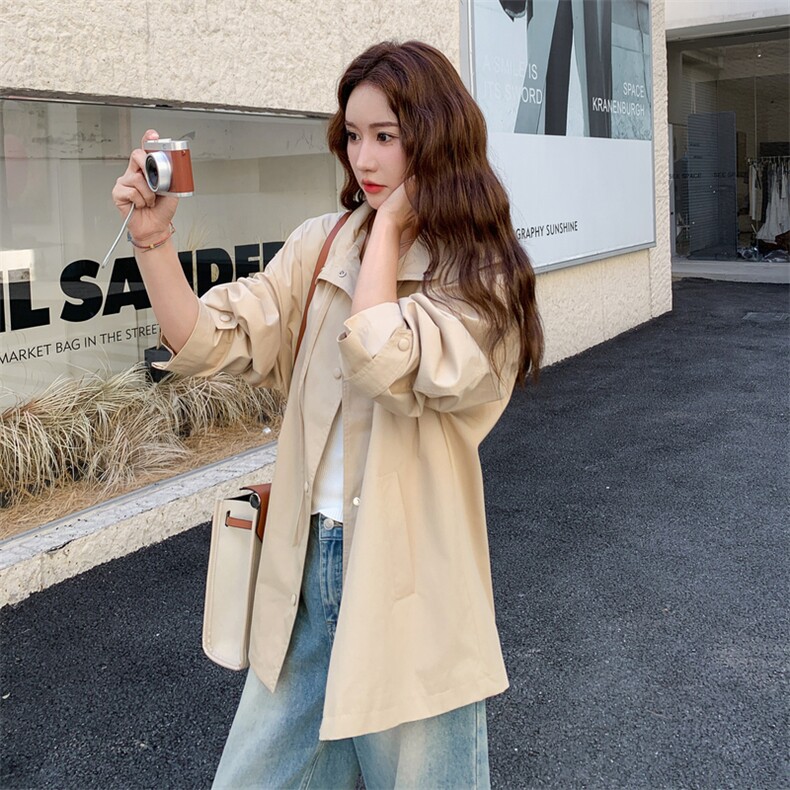 卡其色休闲风衣外套女2025年秋季新款韩版宽松显瘦小个子翻领大衣,女装风衣,2D013