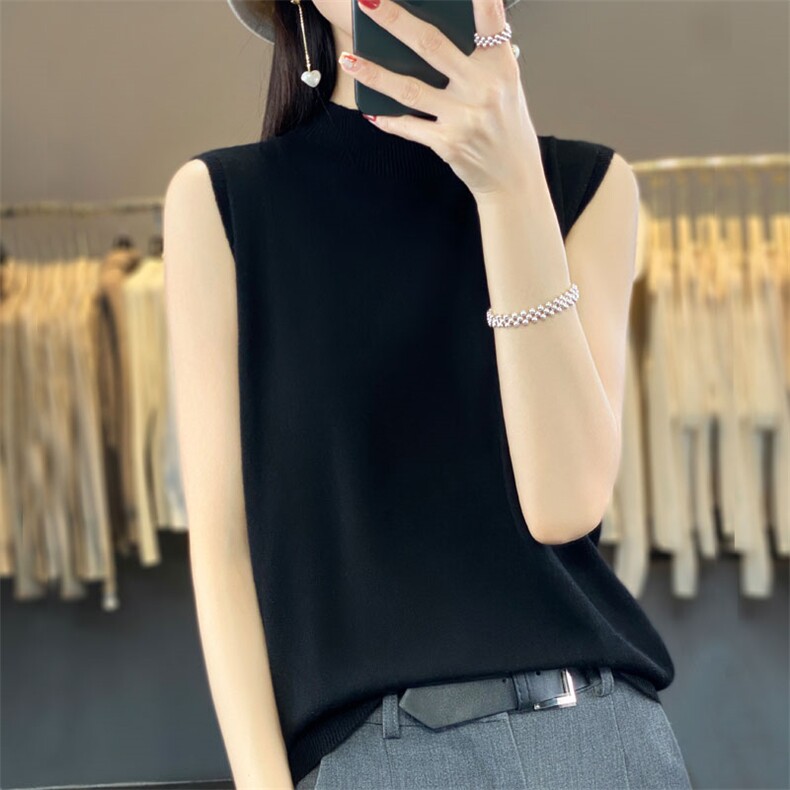 夏季新款100%超细精仿羊毛女一线半高领薄款背心宽松韩版打底针织,女装背心吊带,臻维羊绒