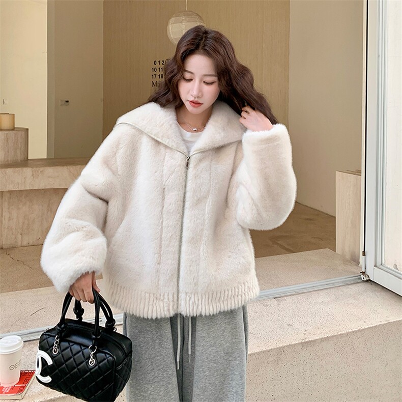 白色小香风仿水貂绒皮毛一体外套女冬季环保皮草小个子流行，女装羊羔毛/颗粒绒，欣美人