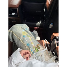 美式复古辣妹设计感做旧印花街头牛仔裤女夏季新款阔腿A380-P70，男装牛仔裤，星座310A-4