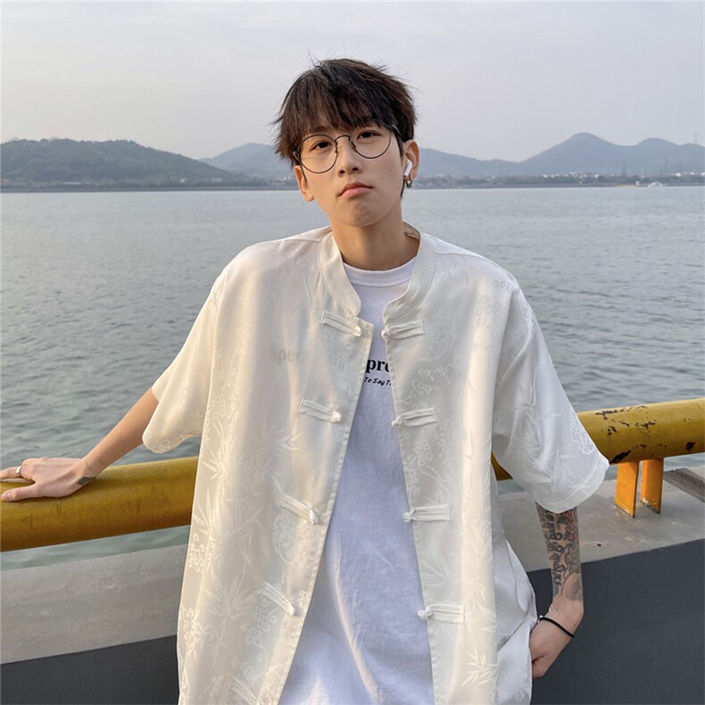 新中式风盘扣短袖衬衫男夏季港风休闲衬衣812-CY518-P50控68,男装T恤,星座812