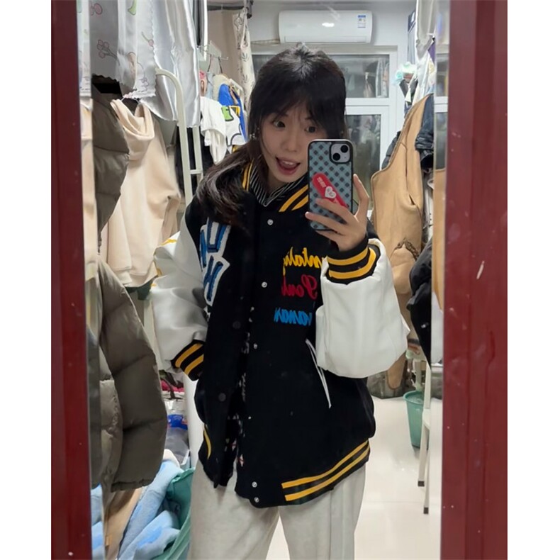 美式复古黑色刺绣棒球服外套男秋冬新款潮牌宽松PU皮拼接翻领夹克,男装夹克,星座601-1