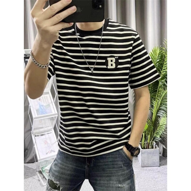 韩版短袖T恤男装夏季圆领贴标条纹打底上衣夏装ins半袖t恤修身衣,男装T恤,星座506A