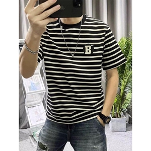 韩版短袖T恤男装夏季圆领贴标条纹打底上衣夏装ins半袖t恤修身衣图片