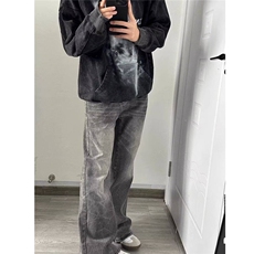 直脚中腰夏季纽扣青少年新款水洗黑灰色微喇牛仔裤男春秋季潮潮流，男装牛仔裤，星座506A