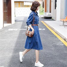 2022年春季时尚简约大方气质优雅收腰显瘦休闲修身百搭牛仔连衣裙，女装连衣裙，瑶迪依秀
