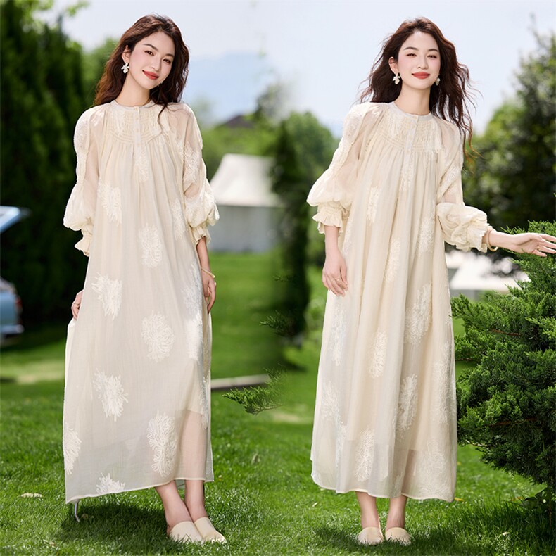 夏装韩系夏季假日超出片仙女裙氛围感宽松版重工刺绣洋气防晒长裙，女装连衣裙，央宝儿