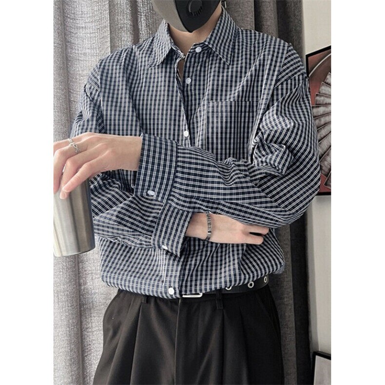 格子衬衫男设计感小众痞帅寸衫春秋新款千鸟格长袖衬衣CA694,男装衬衫,星座1116A-2（原606A-1）