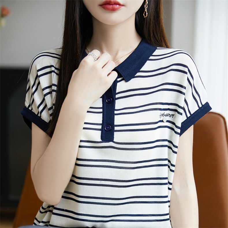 夏季薄款POLO领条纹针织短袖T恤衫女2025新款天丝小个子百搭上衣,针织衫/毛衣,郡淞羊绒