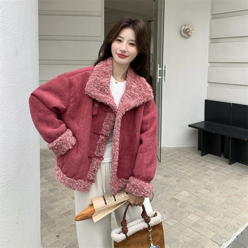 现货火龙果色加厚羊羔毛外套2C117-1828P215K318,女装短外套,2C117