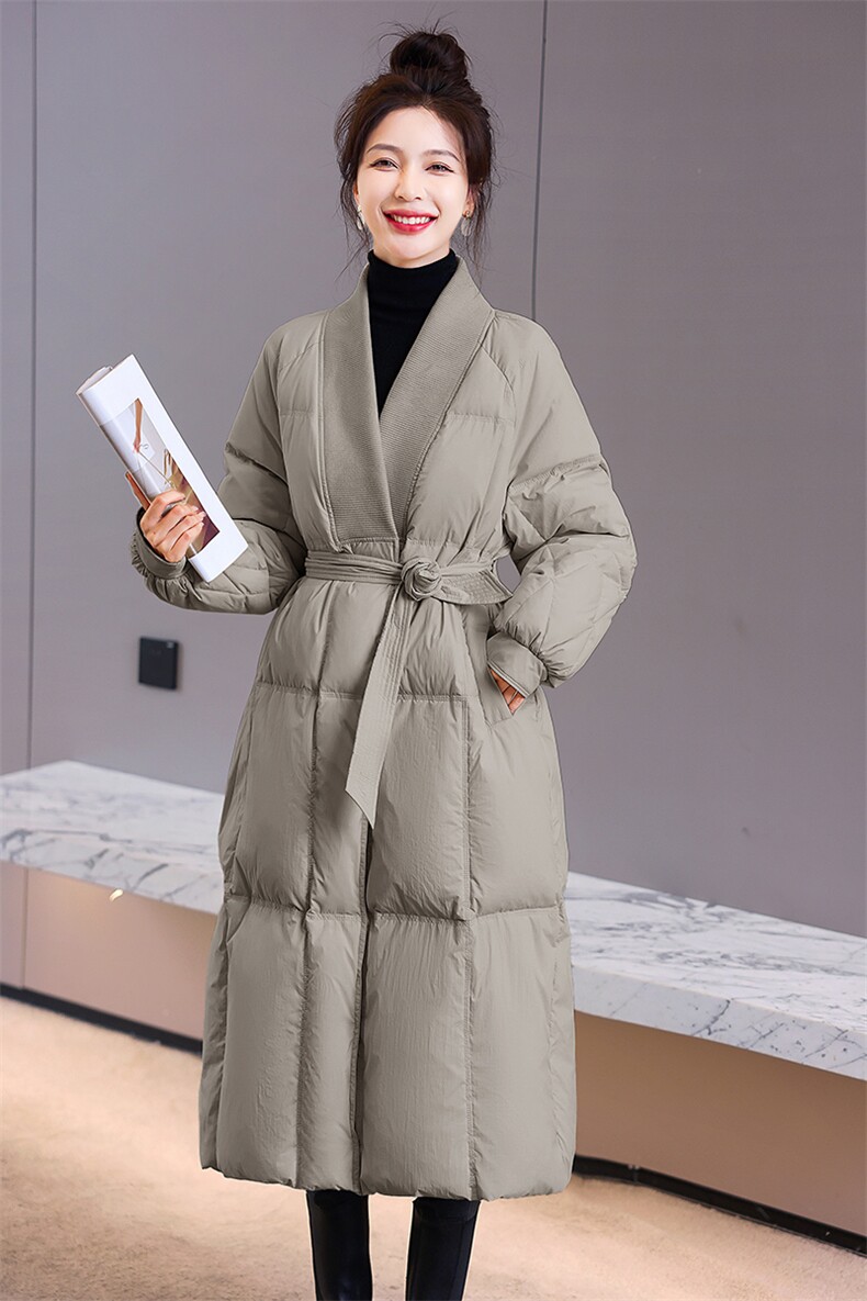 羽绒服女中长款过膝2023冬季新款宽松V领收腰显瘦白鸭绒保暖外套,女装羽绒服,火爆靓佳人