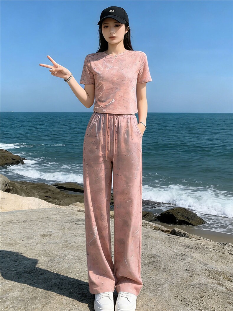 潮牌时尚休闲运动套装女夏季新款粉色扎染圆领短袖上衣长裤两件套,女装套装/套裙,江南