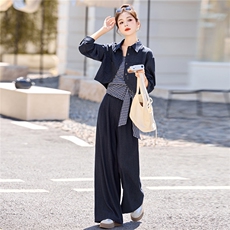 休闲时尚方格牛仔套装女2025年春秋新款高腰宽松显瘦阔腿裤三件套，女装套装/套裙，意芙