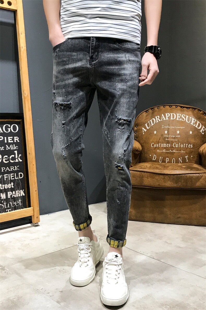 2021秋冬款破洞贴布弹力牛仔裤男微跨小脚裤QT6027-1002,男装牛仔裤,电商D218