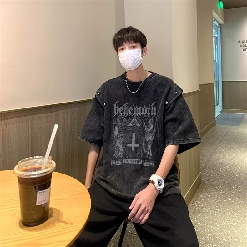 水洗短袖可拆卸背心男款重磅夏季百搭宽松T恤休闲上衣T02-P40,男装T恤,星座308B-2