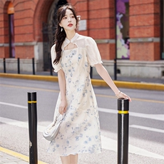 现货2024年夏季女气质清新新中式印花盘扣珍珠系带收腰显瘦连衣裙，女装连衣裙，奋斗女王