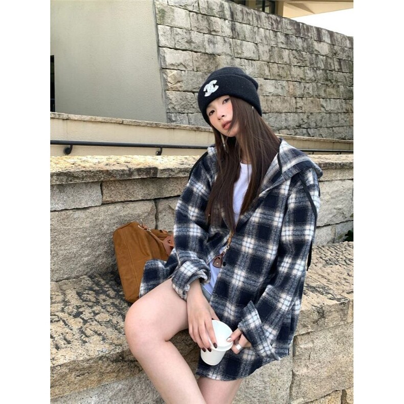 C144-P36韩版设计感休闲连帽格子衬衫外套女春秋季新款宽松,男装衬衫,电商B323A