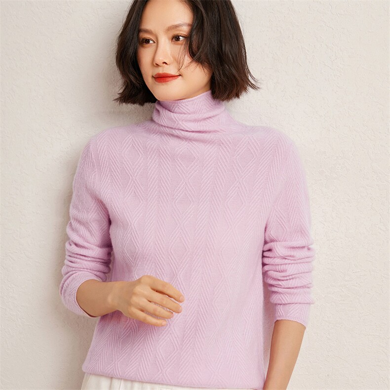 秋冬季35%羊绒65%羊毛休闲百搭12针全身菱形堆堆领羊绒衫,女装羊绒衫,广悦羊绒